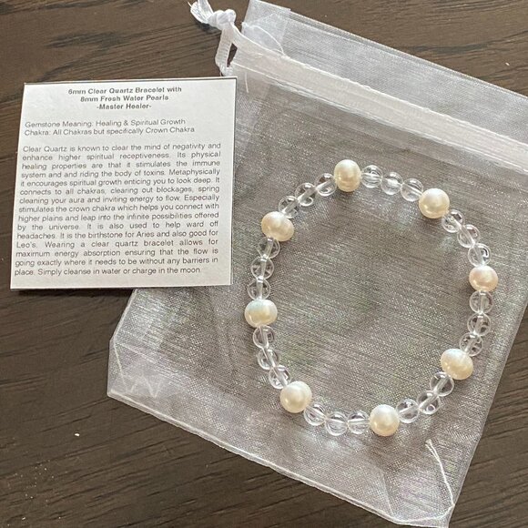6mm Authentic Clear Quartz Gemstone Bracelet with 8mm Real Fresh Water Pearls - Picture 3 of 5
